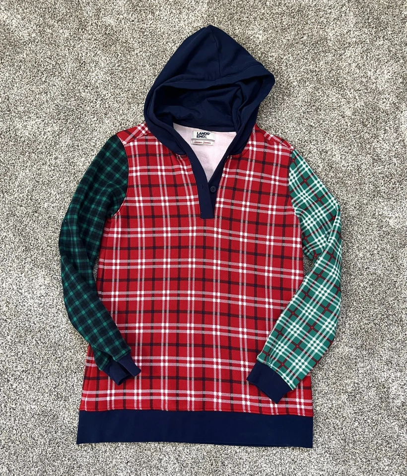 Lands End женщин XS Рождество клетку пуловер толстовка с капюшоном серьезные поты Colorblock - Изображение 1 из 1