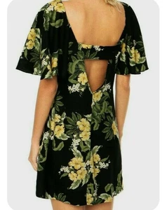 Mini Vestido Farm Rio Tropical Hawaiano Lino Mediano Negro Amarillo Manga Acampanada - Imagen 1 de 17