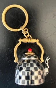 RARE Mackenzie-Childs Courtly Check TEA KETTLE Teapot Key Chain Ring in Gift Box - Picture 1 of 13