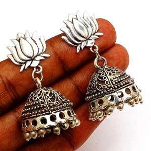 Lotus Flower Stud Jhumka Indian Style Silver Plated Stud Earring 2" b603 - Picture 1 of 4