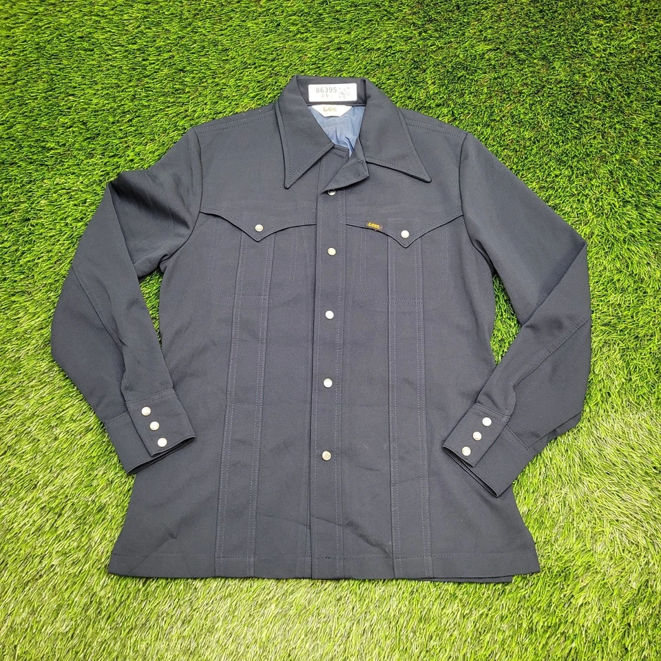 Vintage 80s LEE Hippie Western Shirt S/M 19x28 Blue Pearl-Snap - Image 1 of 4