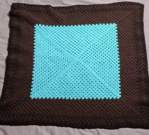 VTG Afghan Crochet Knit Lap Throw Blanket Brown Blue 37x37 Granny Square Pillow - Picture 1 of 4