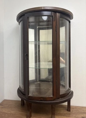 Vintage Table Top Or Wall Hanger Mini Wood Curio Cabinet CURVED GLASS 23”T - Image 1 of 4