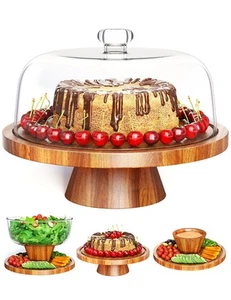 Acacia Wood Cake Stand with Lid, Large 2 In 1 Cake Plate and Charcuterie Boar... - Foto 1 di 7