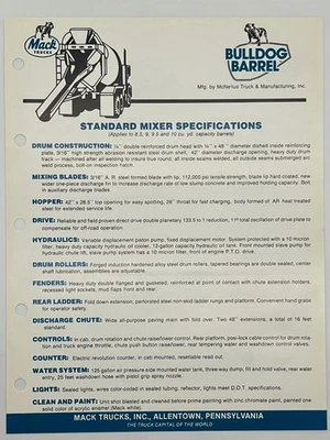 1983 BULLDOG BARREL McNeilus Truck Ready-Mix MACK Brochure & Specifications - Image 1 of 2