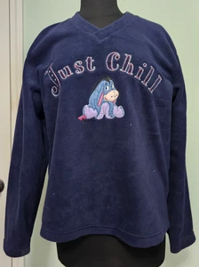 Vintage DISNEY STORE Eeyore Fleece Sweatshirt Blue Adult Size Large V-Neck - Picture 1 of 9