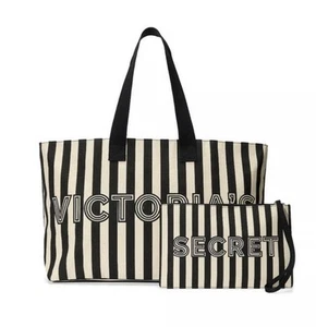 Victoria's Secret Canvas-Einkaufstasche & Handgelenktasche Logo schwarz weiß gestreift 49,95 $ neu mit Etikett - Bild 1 von 5