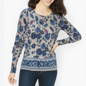 Talbots Pure Merino Wool Women's Gray Blue Flowered Sweater Lightweight Petite - Picture 1 of 7