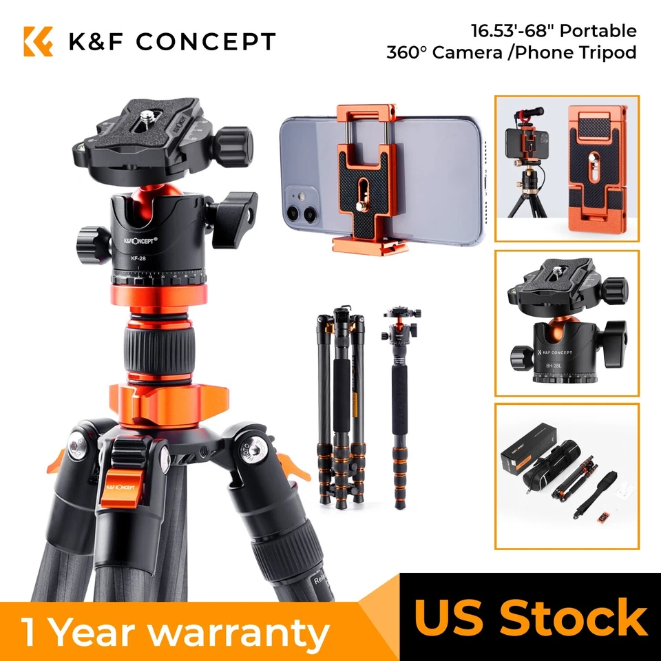 K&F Concept 68" Carbon Fiber Camera Tripod Compact 22lbs Load for DSLR Cellphone - Image 1 of 4