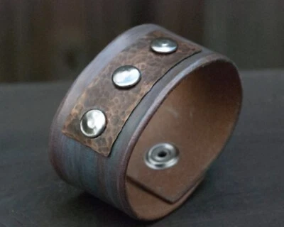  Boho Chic Leather Cuff Bracelet Hand Crafted Sunset Colored & Copper Accent - Image 1 of 4