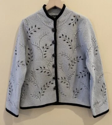 Chaqueta CoVelo para mujer 100 % lana azul claro bordada ribete negro talla pequeña ojales Foto 1 de 4