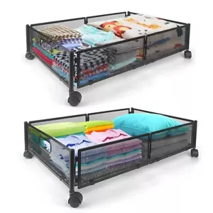 Under Bed Storage with Wheels 2 Pieces Metal Foldable Under Bed Containers Black - Picture 1 of 8