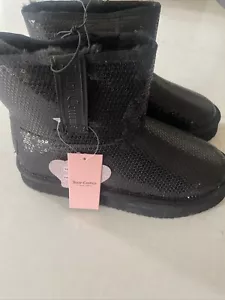 Juicy Couture Oclock Black Solid Sequin Sparkly Short Boot Bootie Fur Women's 6 - Picture 1 of 7