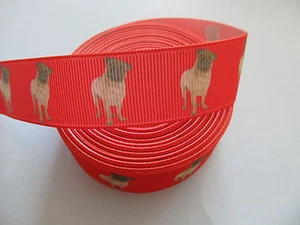 Grosgrain Red / Pink Pug Dog Printed Ribbon 7/8" 22mm - Picture 1 of 1