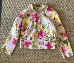 Caribbean Joe Hawaiian Let Go Button Trucker Style Jacket Women's Lg Pink Floral - Picture 1 of 6