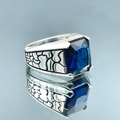 Anillo de plata de ley 925 con zafiro simulado hecho a mano anillo de regalo minimalista para hombre Foto 1 de 4