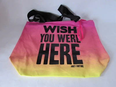 Juicy Couture Wish You Were Here Pink Yellow Zipper Book Shoulder Beach Tote Bag - Image 1 of 2