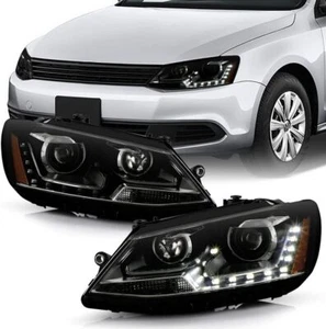 Black Smoke Halogen 2011-2018 VW Jetta Sedan LED Ushape DRL Projector Headlights - Picture 1 of 9