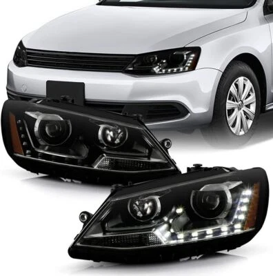 Black Smoke Halogen 2011-2018 VW Jetta Sedan LED Ushape DRL Projector Headlights - Image 1 of 4