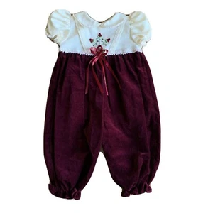 Vintage Red Velvet Bubble Romper Pant Christmas Dress Jumpsuit White Lace 6-9 M - Picture 1 of 13