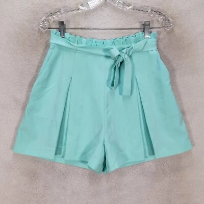 Pantalones Cortos Bebe Mujer Talla 4 Verde azulado Elastizados Tiro Alto Cinturón Plisado Cheeky Cóctel Foto 1 de 4