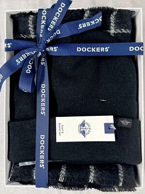 Hombres Nuevo DOCKERS Conjunto Suéter Tejido Talla Única - Sombrero Negro y Bufanda Negra/Gris Foto 1 de 3