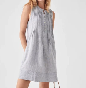 Faherty Isha Linen Dress Womens Mini XXL Blue White Striped Button Front Pleated - Picture 1 of 8