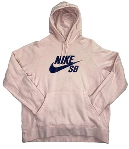 Nike SB Mens Hoodie XL Pink Navy Spellout Logo Sports Skater Athletic Sweatshirt - Picture 1 of 4