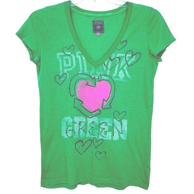 Camiseta Y2K Victoria Secret ROSA Manga Gorra Cuello en V Talla M Verde Reciclar Corazones Foto 1 de 4