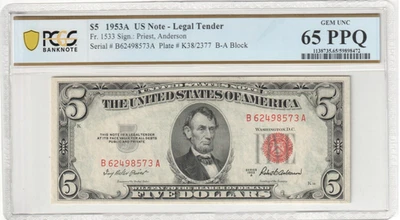 Fr. 1533 1953A $5 US Note - Legal Tender PCGS Gem UNC 65 PPQ B-A Block - Image 1 of 2