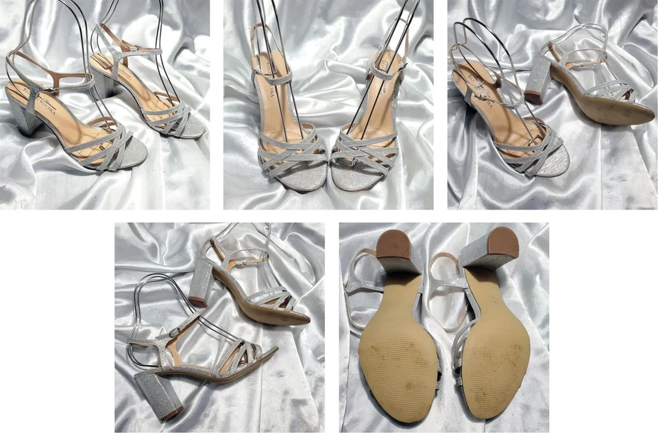 BADGLEY MISCHKA 银色闪亮厚高跟凉鞋 - 尺寸 7 — 第 1/1 张图片