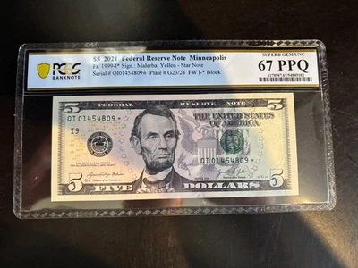 DBR 2021 $5 FRN Minneapolis STAR Fr. 1999-I* PCGS-B 67 PPQ Serial QI01454809* - Image 1 of 2