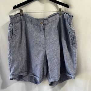 J Jill Love Linen 4X Blue Cuffed Shorts High Paperbag Waist Button Zipper Preppy - Picture 1 of 10