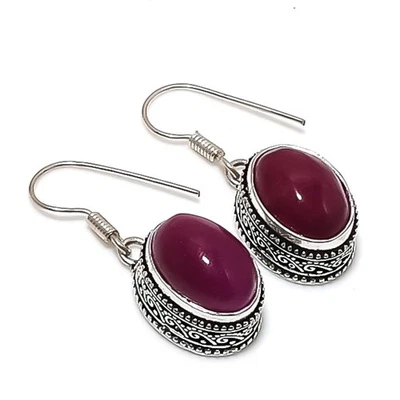 Ruby(Simulated) Gemstone 925 Sterling Silver Jewelry Earring 1.38" l231 - Image 1 of 2