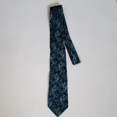 Alfani 男式 Bkack & Blue 佩斯利领带丝滑光泽 100% 真丝商务婚礼 — 第 1/4 张图片