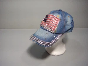 Baseballmütze amerikanische Flagge Strass blau Jeans Denim verstellbarer Rückenriemen - Bild 1 von 12