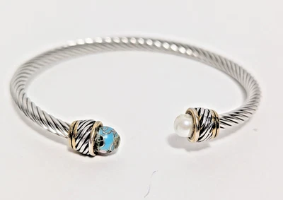 Коренастый желтое золото/серебро тон надежном браслет с бирюзой и жемчугом-как камни - Изображение 1 из 3