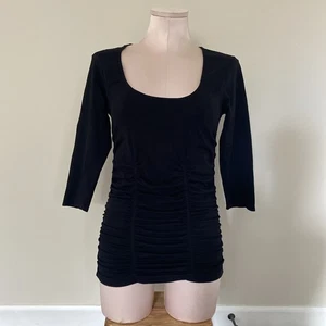LAST TANGO Women Top M/L Stretch Black 3/4 Sleeve Rushed Detail Active USA NWT - Picture 1 of 16
