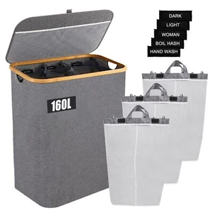 3 Section Laundry Hamper with Lid and Removable Bags, 160L Extra Large Foldab... - Picture 1 of 7