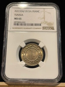 TUNISIA 1 Franc 1915 A, NGC MS 65 Gem UNC Uncirculated, Toned & Lustrous Rare.A2 - Picture 1 of 2