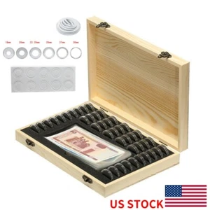 40* Coin Capsules + 1* Paper Money Bag with Wooden Collection Box Storage Holder - Picture 1 of 7