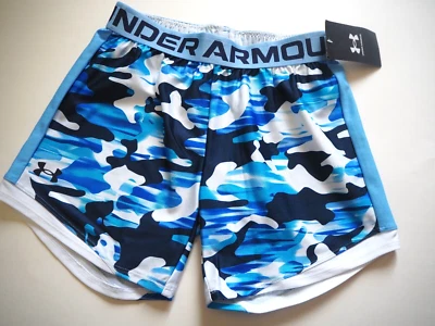 Under Armour Youth Girls Play up 5 in Blue Camo Loose Fit Shorts Sz Youth M NWT - Image 1 of 4