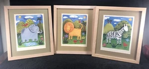 3 Sophie Harding Animal Prints Elefante Cebra León Enmarcado Firmado Niño de Guardería - Imagen 1 de 6