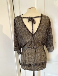River Island Brown Leopard Print Sheer Plisse Kimono Sleeve Top Size S. RRP £28. - Picture 1 of 11