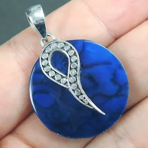925 Sterling Silver Small Round Blue Coated Paua Abalone Shell Pendant, BPP-43 - Picture 1 of 8