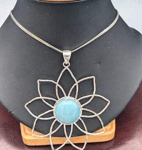 Sterling Silver Milor Amazonite Flexible Flower Pendant on 18" Herringbone Chain - Picture 1 of 10
