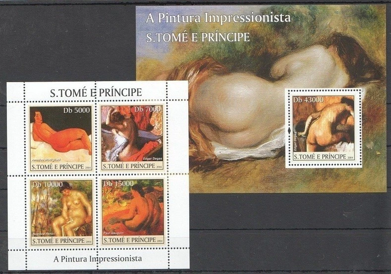 Sao Tome 2004 MNH MS+SS, Nude Paintings by Edgar Renoir Gauguin Modigliani, Art - Image 1 of 1