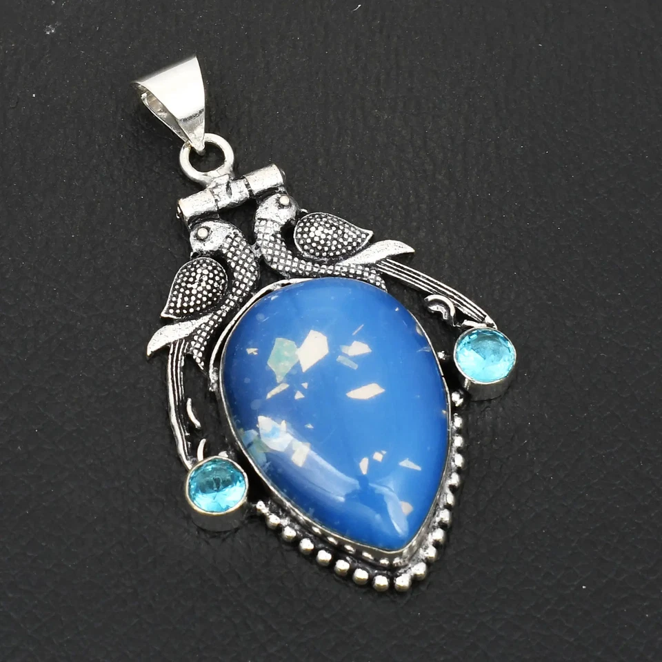 Doublet Opal Blue Topaz Gemstone Handmade Bird Pendant Jewelry 2.6" AP-17814 - Image 1 of 1