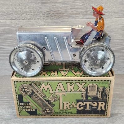 Juguete de cuerda de escalada cromado The Marx Tractor con conductor, caja original FUNCIONA *Leer Foto 1 de 4
