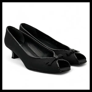 Stuart Weitzman Peep Toe Kitten Heel Vintage Pump Bow Black Fabric Patent 6 N - Picture 1 of 12